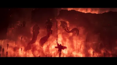 Messmer wreathed in fire on a burning battlefield