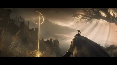 Kneeling figure before a dead tree under an eclipsed golden ring