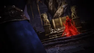 Knight approaching a gate flanked by lion statues with a red phantom