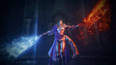 Armored knight dual-wielding a blue magical sword and a flaming sword