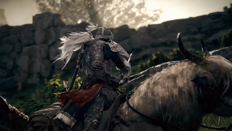 Tarnished overlooking the Erdtree across Limgrave — official trailer footage (Bandai Namco)